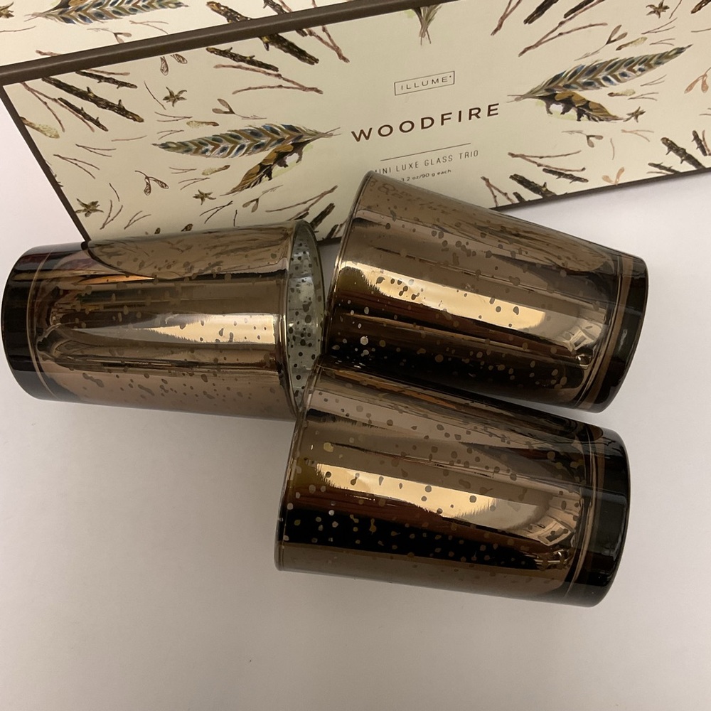 ILLUME MINI LUXE GLASS TRIO WOODFIRE SOY CANDLES NWT